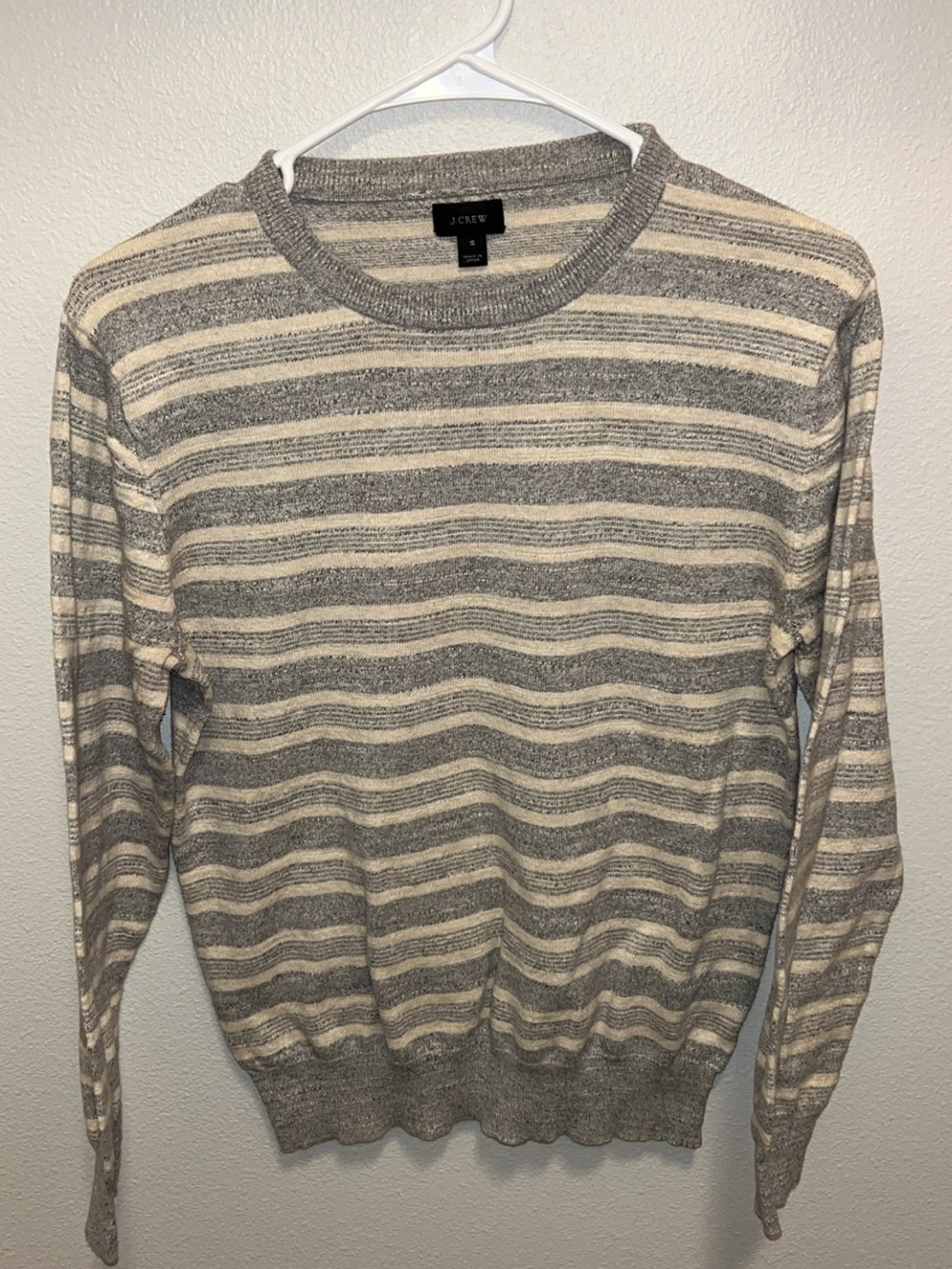 J. Crew Women's Cream and Gray Striped Crewneck Sweater